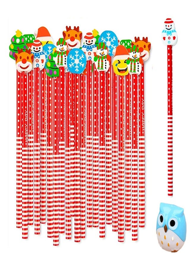 alfyng 36 Pack Christmas Pencils Erasers and a Pencil Sharpener Set, Xmas Assorted Designs Gift Pencil & Eraser for Christmas School Office Supplies Christmas Party Favor - Image 1